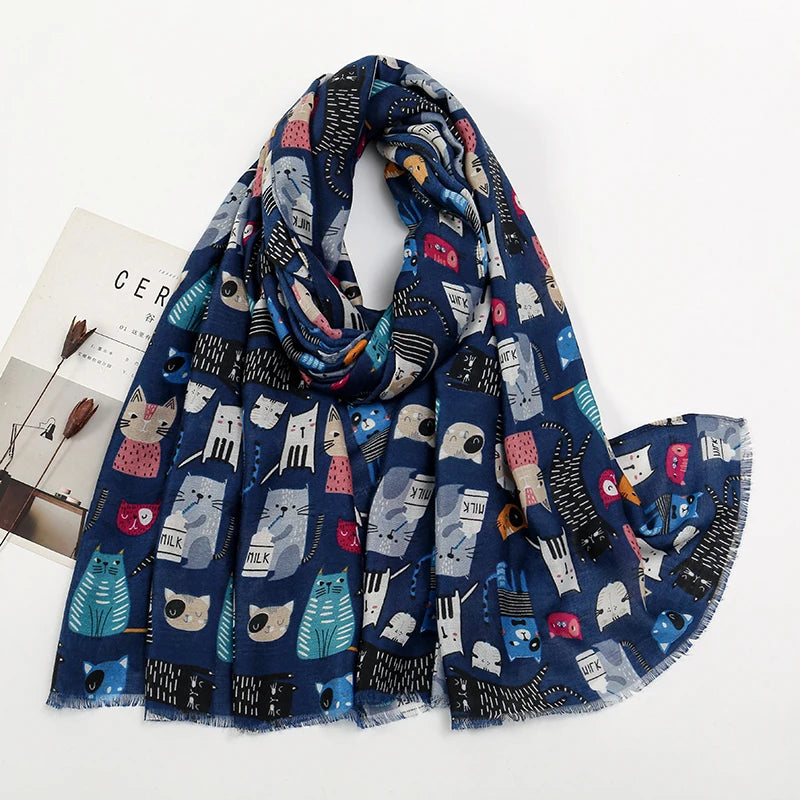 Animal Printed Scarf Cartoon Cat Pattern Hijab Soft Viscose Remove Edge Long Shawl Women Colorful Foulard Wraps Tippet