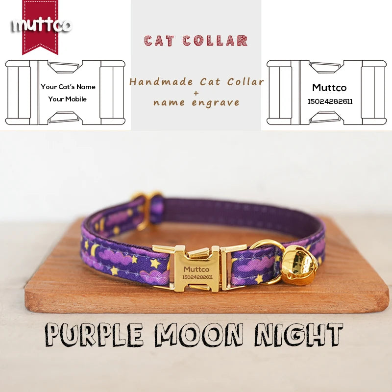 MUTTCO Retailing engraved independently designs christmas print cat collar PURPLE MOON NIGHT handmade cat collar 2 size UCC222