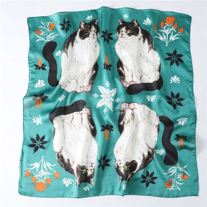 Luxury Hijab Silk Shawl and Wrap Cute Cat Print Scarf for Women Neckerchief Hair Band Wrist Headband Bandana 2023 Echarpe