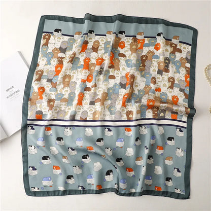 Luxury Hijab Silk Shawl and Wrap Cute Cat Print Scarf for Women Neckerchief Hair Band Wrist Headband Bandana 2023 Echarpe